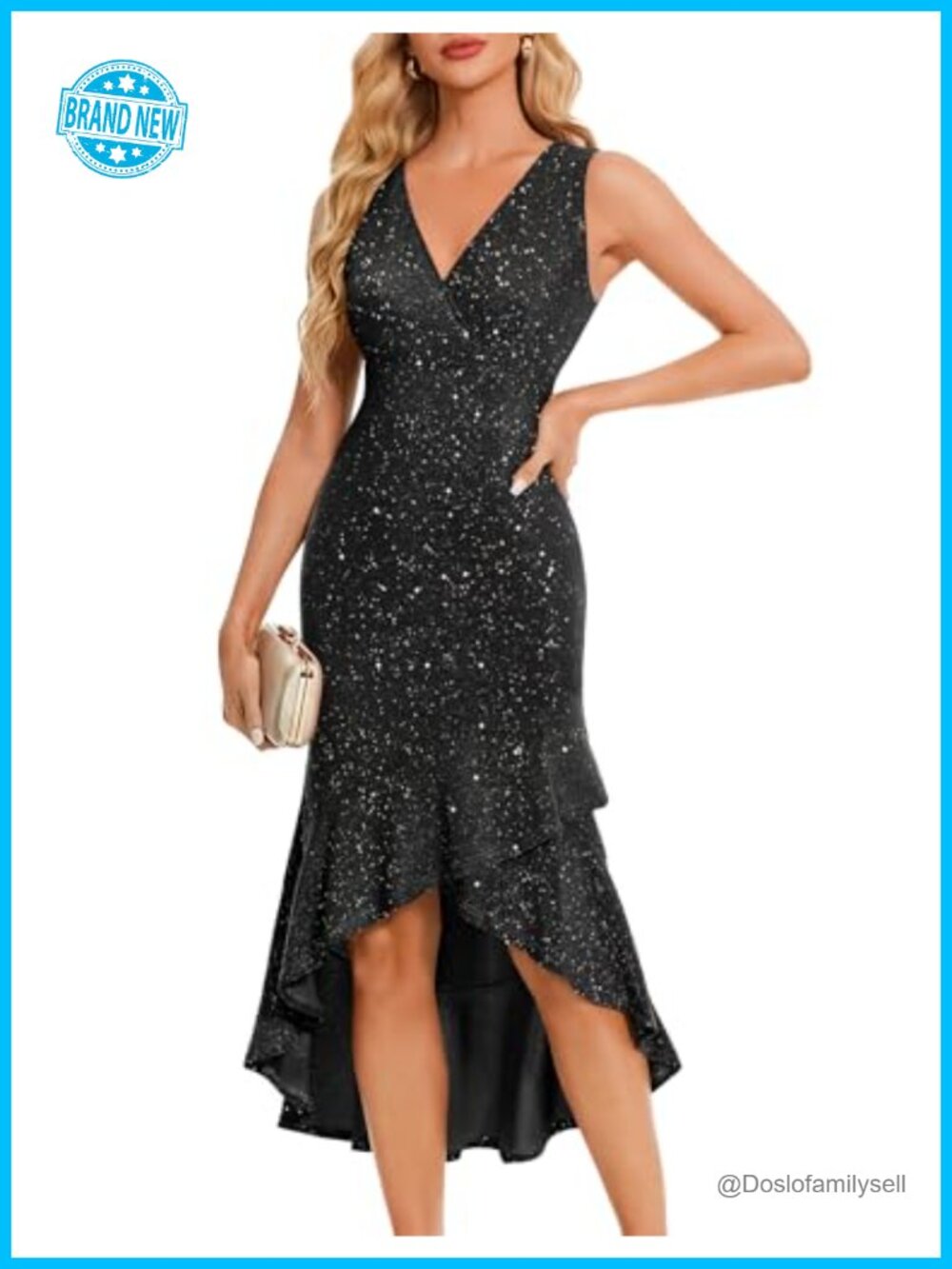 Sequin High Low Midi Dress V Neck Sleeveless Formal Cocktail